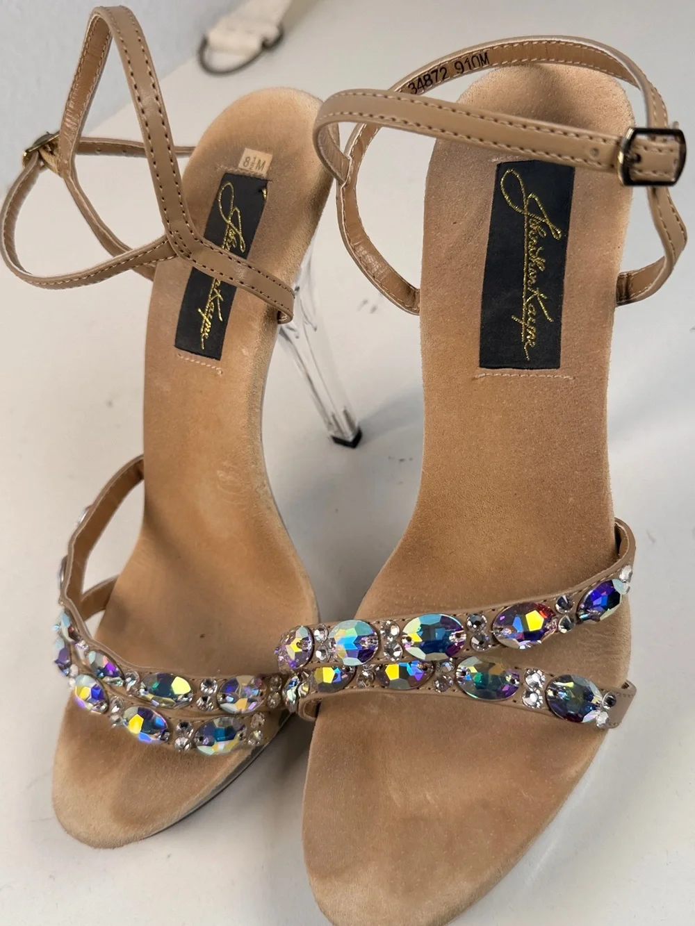 Jonathan Kayne Austria Crystal Clear Platform Heels Taupe Size 8.5 bling